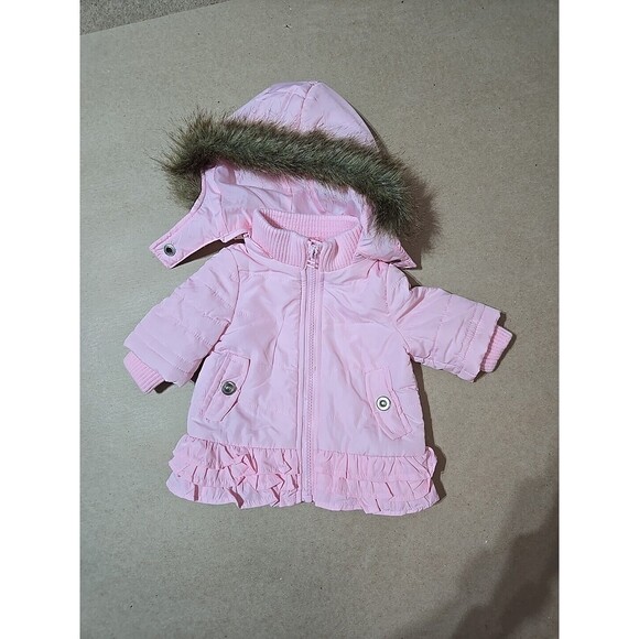 Starting Out Baby Girl Coat Jacket 3 Months Ruffles Pink‎ Faux Fur Hooded - Picture 1 of 4